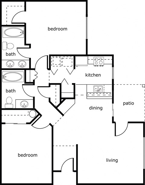 Floor plan for 2 beds, 2 baths, 1078 sqft